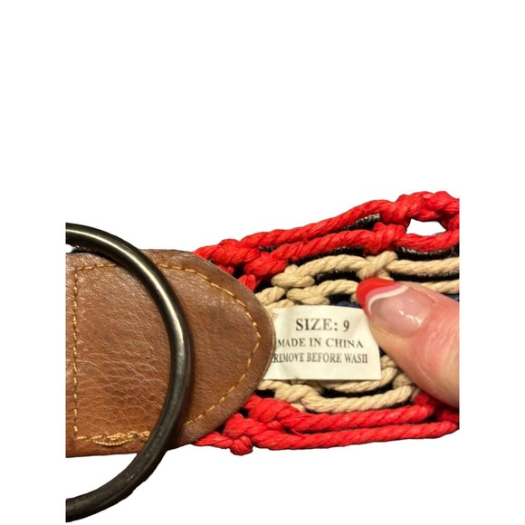 Y2K Women Crochet Braid Wide Belt 42" Red Multi Boho Hippie Round Buckle Leather - Picture 7 of 8